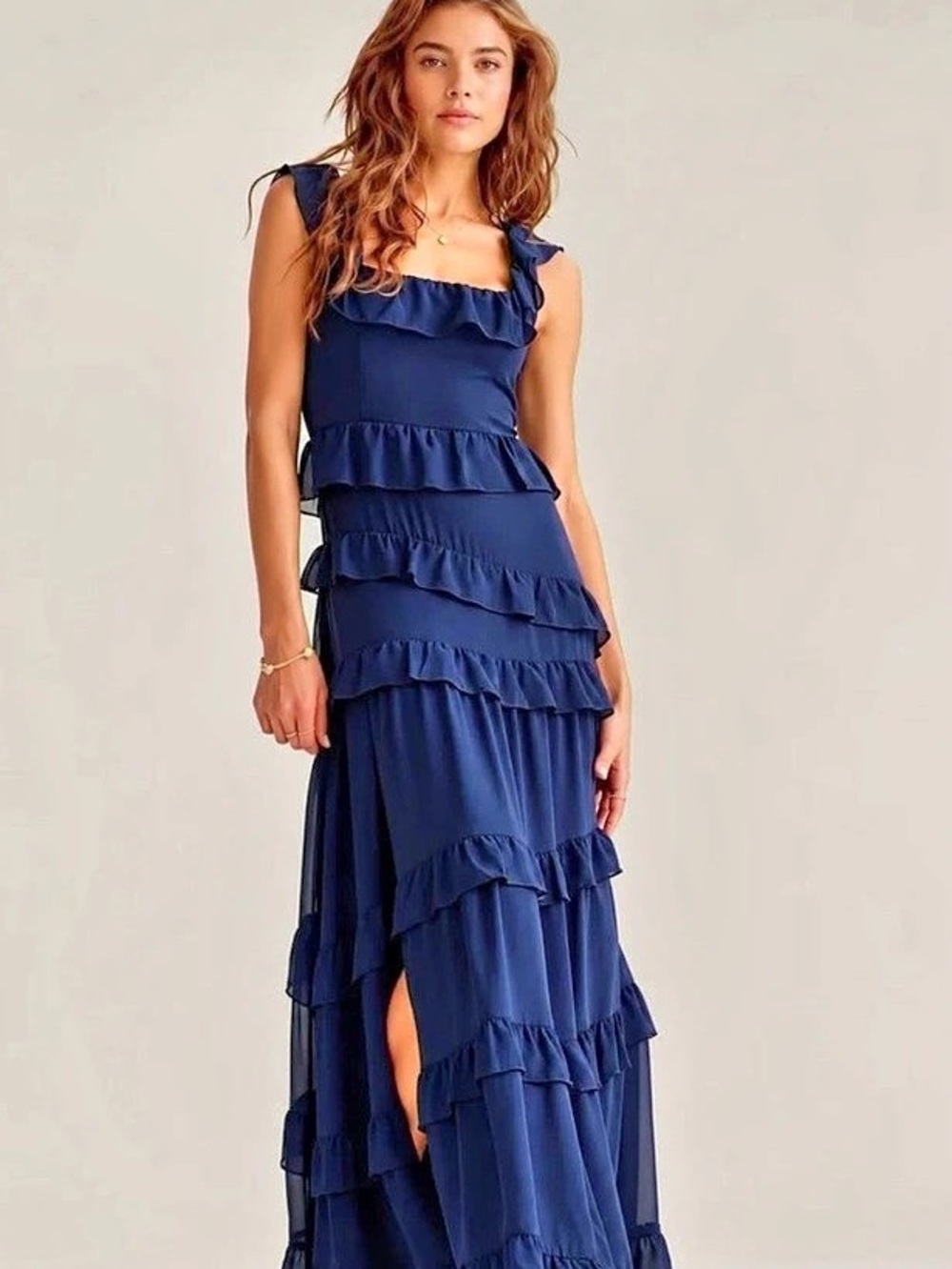 Altar’s State Seren Ruffle Shoulder Tiered Maxi Dress Blue